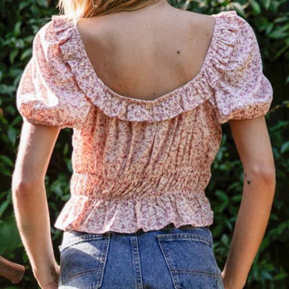 NEW BOHO PINK FLORAL RUFFLE WIDE NECK TOP - Picture 4 of 6